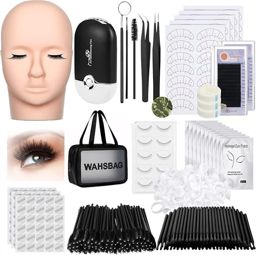 Lash Extension Practice Kit, Eyelash Extension Training Kit for Beginners, Professional Eyelash Mannequin Head Set with Lash Fan, Lash Shampoo, Lash Adhesive, Glue Rings and Lash Mirror (Black)