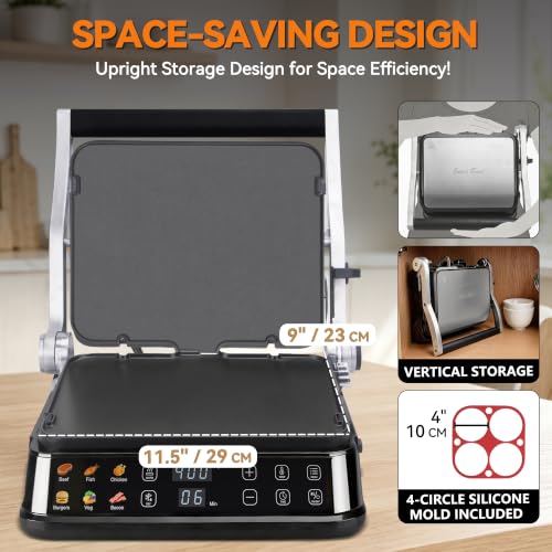 Indoor Grill & Electric Griddle Combo - Stainless Steel, 6-in-1 with Removable Plates & Silicone Mold