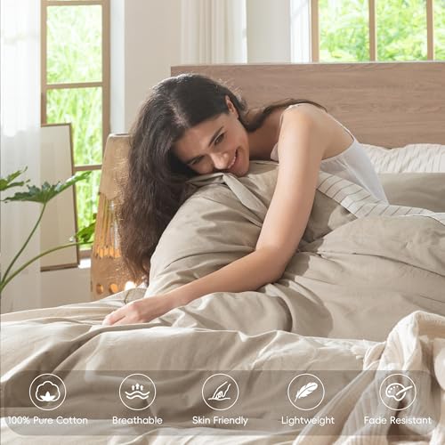 MooMee King Duvet Cover Set - Heathered Tannish Linen Grey | Washed Cotton Bedding