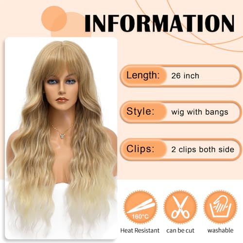 Vomella Blonde 26 Inch Curly Wavy Synthetic Wig with Bangs for Women - Natural Look & Heat-Resistant