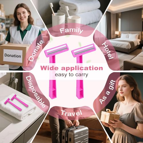 Women's Disposable Razors Individually Wrapped Twin Blade,Disposable Razors Women Bulk with Clear Safety Cap for Men Women Camping Traveling Home Bathing Hotel (pink, pack of 200)