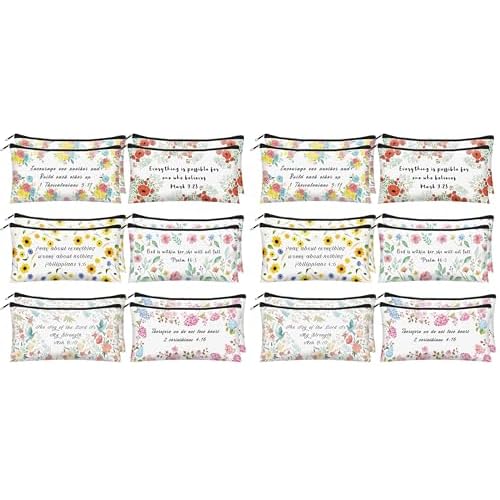 Sabary 12 Pcs Christmas Makeup Bags Gifts for Women Bulk Christian Bible Verse Cosmetic Bags Pencil Pouch Inspirational Flower Cosmetic Pouch Religious Church Gifts for Mom Sister(7.8 x 3.8 Inch)