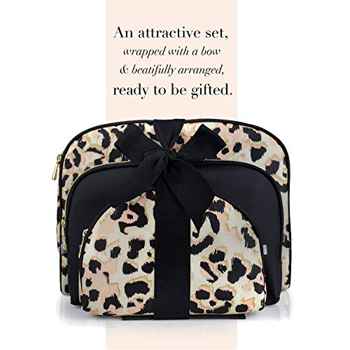 3 Pc Cosmetic Bag Set, Purse Size Makeup Bag for Women, Toiletry Travel Bag, Makeup Organizer, Cosmetic Bag for Girls Zippered Pouch Set, Large, Medium, Small (Black & Leopard)