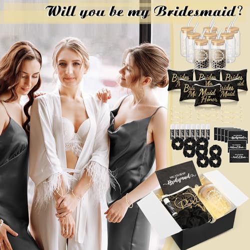 72 Pcs Bridesmaid Proposal Gifts, Will You Be My Bridesmaid, Bride Maid and Matron of Honor Gifts Include Gift Box Glass Cup Makeup Bag Cards Lip Balm Hair Scrunchie Bracelet(Black)