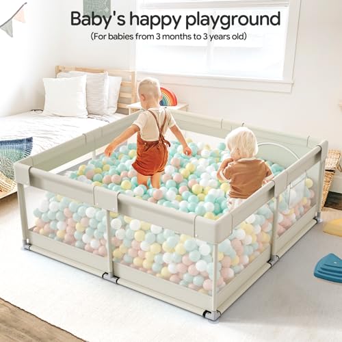 Fodoss Beige Baby Playpen 47x47in, Safety Mesh Play Yard for Toddlers & Babies