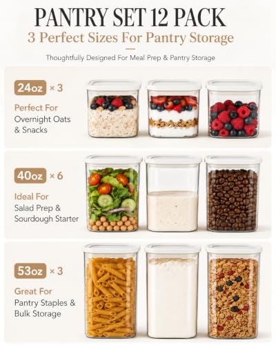 12-Pack Square Glass Food Storage Containers with Glass Lids - 24oz, 40oz, 53oz - Kitchen Pantry Organization