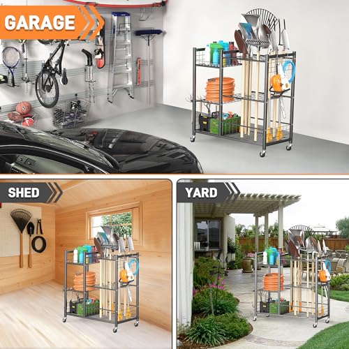 TORACK Garden Tool Stand with Wheels & Side Shelves - Heavy-Duty Yard Organizer