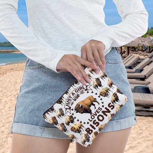 WZMPA Funny Bison Cosmetic Makeup Bag Animal Lover Gift Just A Girl Who Loves Bison Makeup Zipper Pouch Bag Bison Lover Gift For Women Girls (Loves Bison F)