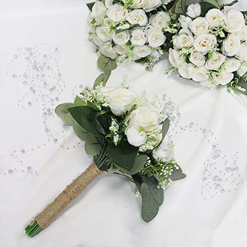 White Bridesmaid Bouquets Set of 6 - 7 Inch Ivory Artificial Flower Arrangements for Wedding & Party - Variation: White