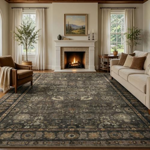 Brown 8x10 Area Rug - Washable Non-Slip Vintage Floral Design