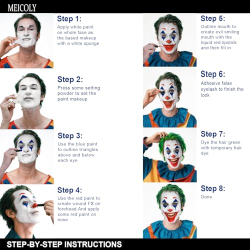 MEICOLY Joker Makeup Kit - Complete Clown & Halloween SFX Costume Set with Face Paint, Green Hair Dye & Accessories