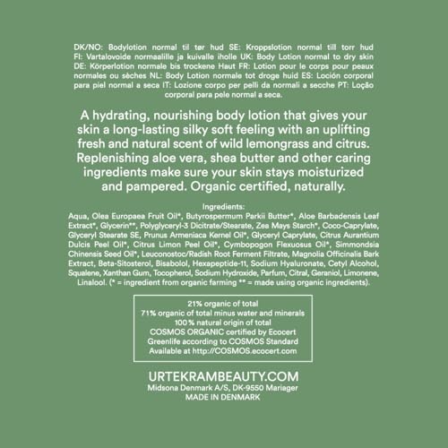Urtekram Body Lotion - Wild Lemongrass - All Skin Types - 245 ml, Vegan, Organic, Moisturizing, Natural Origin