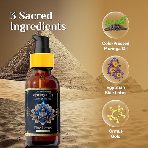 Pure Organic Moringa Oil with Blue Lotus Flower ? Deep Hydrating & Anti-Aging Ritual Oil for Skin, Hair & Nails ? Premium 100% Cold Pressed Moringa Seed Extraction, Nourishes & Hydrates Skin 2oz.