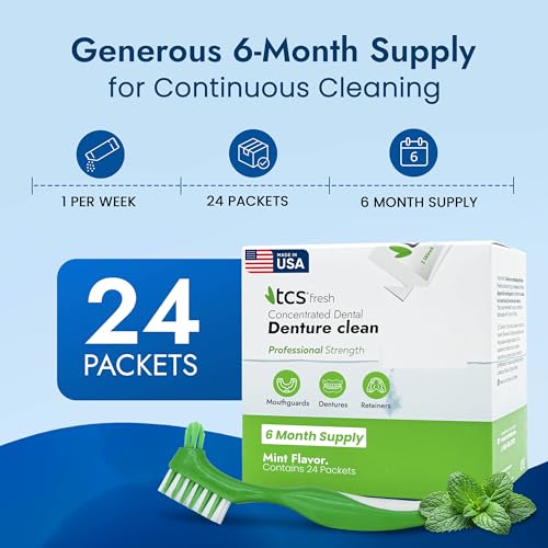 Dental Appliance Cleaner Powder Set with Bristle Brush - 24 Pack - Mint - 6 Month Supply