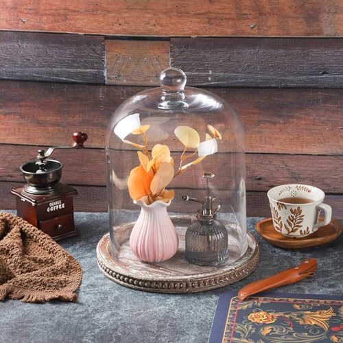 14-Inch Brown Beaded Wooden Base Glass Cloche - Farmhouse & Cottage Style Display