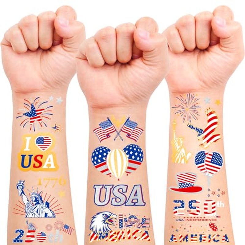 250 Anniversary 4th Of July Temporary Tattoos, USA, America Flag, Patriotic, Independence Day, July 4th Anniversary, Red White Blue Accessories Decorations For Party 4 Sheets