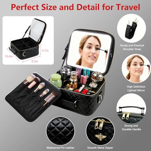Travel Makeup Bag with Light Up Mirror Black Grid - Waterproof Portable Cosmetic Organizer