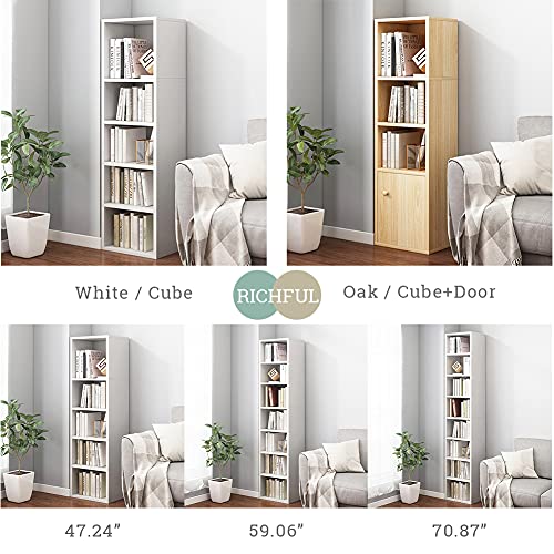 Small Narrow Corner Bookcase - 47" Tall White Storage Cabinet with 5 Cubes - Space Saver Shelf