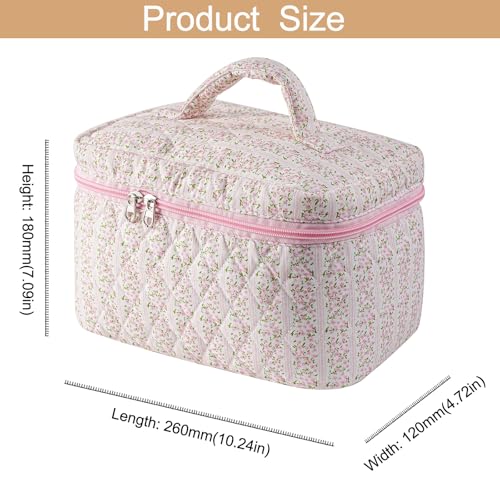 2 Pcs Makeup Bag Cosmetic Bag for Women Girls, Cute Large Large Floral Cosmetic Bag, Flower Travel Toiletry Bag Makeup Brushes Cotton Makeup Bag Set (Pink+Pink)