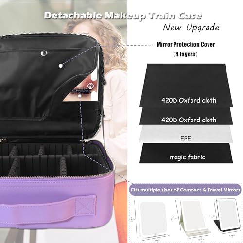 MOMIRA Travel Makeup Bag Cosmetic Bag Makeup Organizer Bag with Lighted Mirror, Adjustable Brightness in 3 Color Scenarios, Waterproof Makeup Train Case, Gift for Women - Violet(Woven)