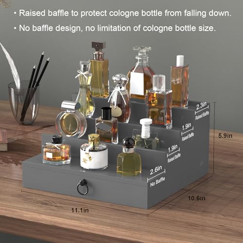 Cologne Organizer for Men, 4 Tier Black Wood Perfume Organizer with Felt Lining Drawer and Hidden Compartment, Perfume Display Holder, A Gift for Men
