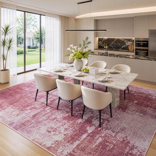Pink Washable Area Rug 6x9 Non-Slip Faux Wool Abstract Floor Covering