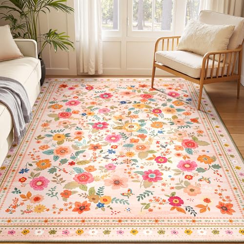 Washable Floral Area Rug 6x9 Pink Beige - Non-Slip, Machine Washable Living Room Decor