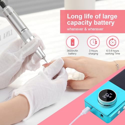 Electric 45000RPM Nail Drill Machine Rechargeable Portable Nail File Electric DIY Nail Drill Kit with Smart LCD Screen for Gel Nail Manicure and Pedicure Reflective Body etc (Blue)