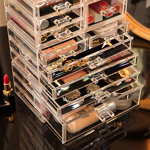 Clear Makeup Organizer with 11 Drawers - 4 Stackable Sections & Top Holder, 11-Drawer Cosmetic Storage for Vanity & Skincare - Variation: 11 Drawers / Clear