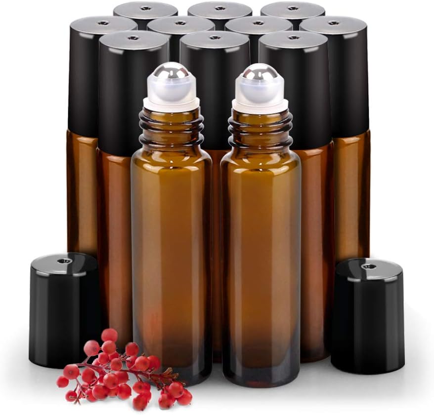 Sungwoo 10ml Amber Glass Essential Oil Roller Bottles Stainless Steel | 12 Pack, Roller Bottles, with Caps, for Travel, Perfume, Lip Gloss