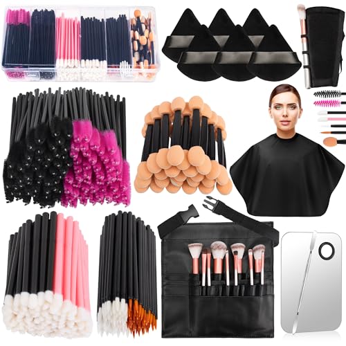 Disposable Makeup Applicators Kit, Includes Disposable Mascara Wands Eyeliner Brushes Eyeshadow Lip Applicators with Organizer Box Powder Puffs Mixing Palette Makeup Tools 11.0 * 7.8 * 3.10