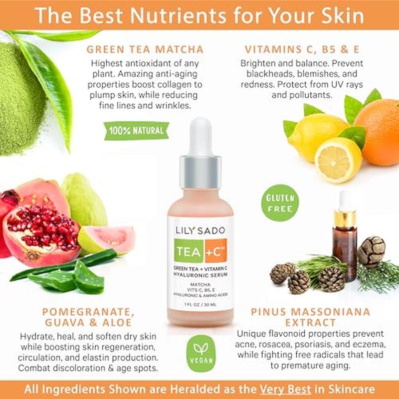 LILY SADO TEA+C Green Tea + Vitamin C Super Serum - Natural Vegan Serum - Best Antioxidant, Anti-Wrinkle Moisturizing Formula - Softens, Hydrates, Firms & Tones for Luscious, Radiant Skin