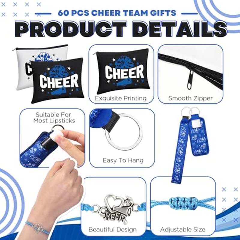 60 Pcs Cheerleader Gifts Bulk Cheer Team Gifts for Women with Cheerleader Cosmetic Bags Makeup Mirror Bracelets Lipstick Holder Keychains Lanyard Cheer Team Party Favors(Blue White)