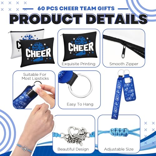 60 Pcs Cheerleader Gifts Bulk Cheer Team Gifts for Women with Cheerleader Cosmetic Bags Makeup Mirror Bracelets Lipstick Holder Keychains Lanyard Cheer Team Party Favors(Blue White)