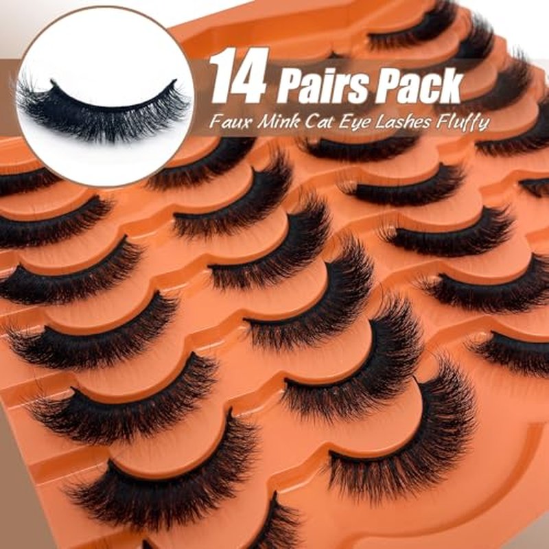 Cat Eye Lashes 16mm Short Fluffy False Eyelashes Natural Look Soft Faux Mink Eye Lashes Strips 14 Pairs Pack Volume Fox Eyelashes for Day & Night Makeup YH211