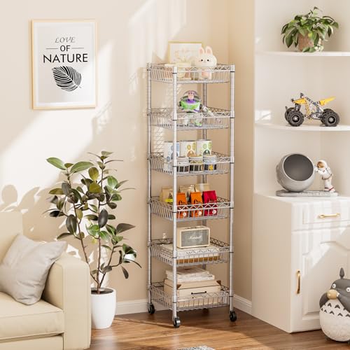 6-Tier Wire Shelf Rack - Adjustable Narrow Storage Shelves with Casters, Silver