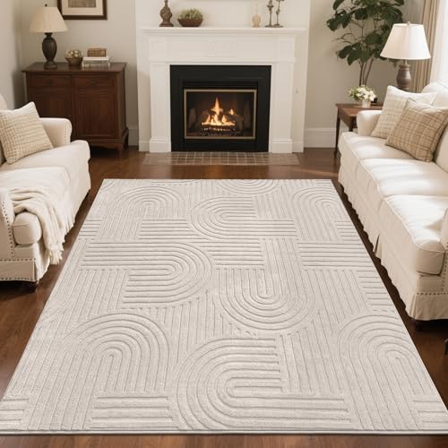 SHACOS Beige 5'3"x7'3" Fluffy Geometric Area Rug - Non Slip Washable Modern Carpet