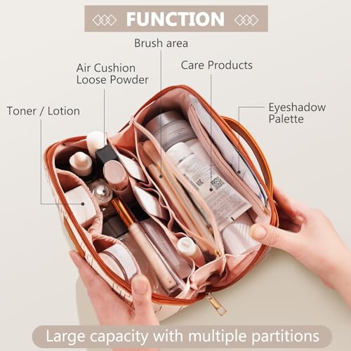 PU Leather Travel Makeup Bag for Women, Large Capacity Cosmetic Organizer, Structured Waterproof Travel Toiletry Bag, Portable Handheld Makeup Pouch for Home & Travel (Medium)