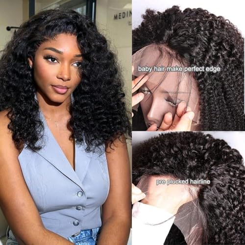 16 Inch Kinky Curly Human Hair Lace Front Wig - Black, Pre Plucked, Glueless Short Afro Bob