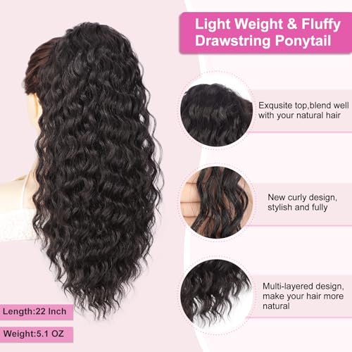 AISI BEAUTY 22 Inch Curly Ponytail Extension Brown Black Drawstring Hair Piece for Women