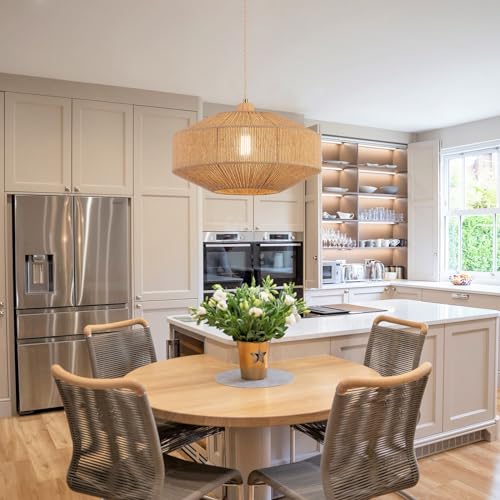 Plug-in Coastal Woven Pendant Light with 14ft Handmade Rope Cord - Dimmable Farmhouse Hanging Lamp for Kitchen Island & Living Room - Variation 2