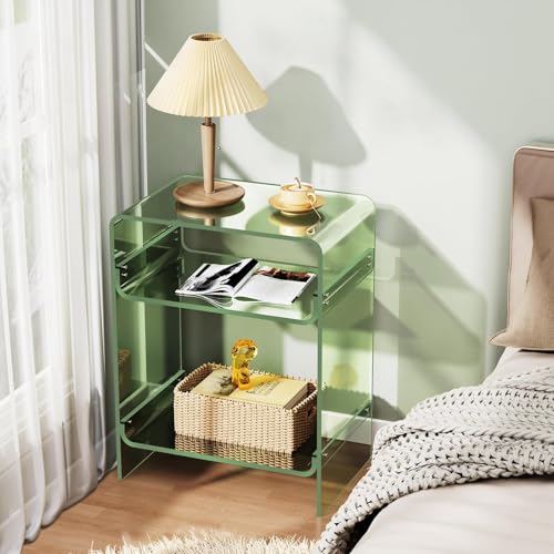 Acrylic End Table with Storage Shelf - Green Record Player Side Table