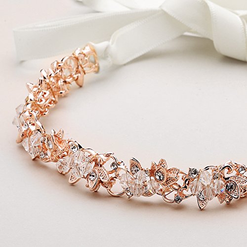 Mariell Rose Gold Blush Crystal Bridal Headband Hair Vine with Ribbon - Wedding Accessory