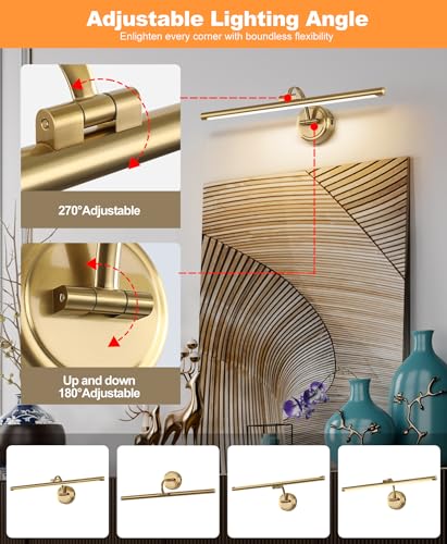 Brass Dimmable Battery Operated Picture Light 23.6inch with Remote & Timer - Tassuowell