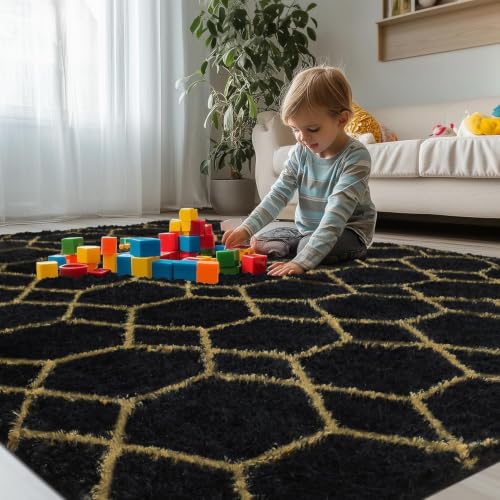 Black and Gold 8x10 Shag Rug - Soft Faux Fur Geometric Area Rug for Living Room - Variation of THIS listing