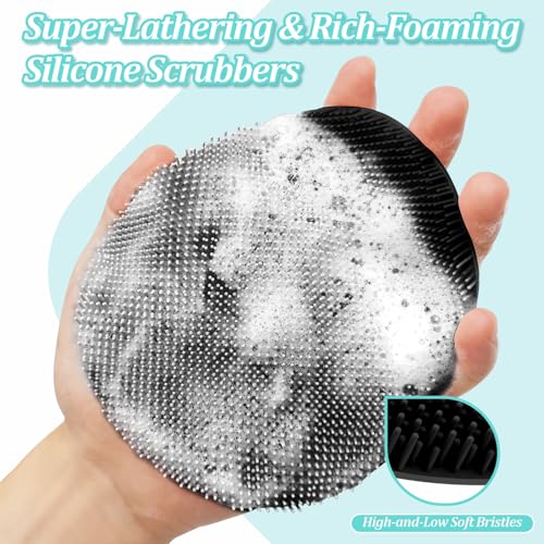 Silicone Back Scrubber & Soft Bath Glove 2PCS, 16''- 24'' Extendable Shower Scrubber with Dual-Side Head, 360¡Æ Anti-Slip & Hand-fit Silicone Body Scrubber for Rich Foaming Deep Cleaning(Black)