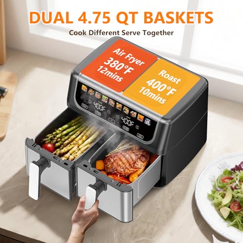 9.5 Quart Dual Basket Air Fryer - Black, 10-in-1 Large Capacity with Presets