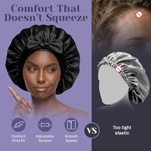 Black Mulberry Silk Bonnet for Hair - Double-Layered 22 Momme Sleep Cap with Adjustable Non-Slip Tie