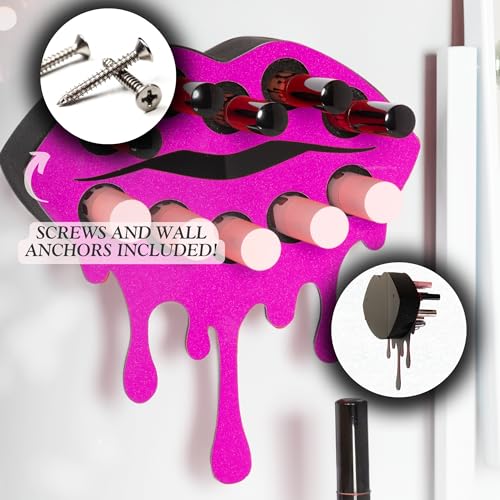 MAKEUP IN PLACE Fearless Lip Lipstick Organizer - Acrylic Lipstick Holder and Organizer for Women Patented Wall Mounted Minimalistic Design Saves Time - Holds 10 Items (Pink Shimmer)
