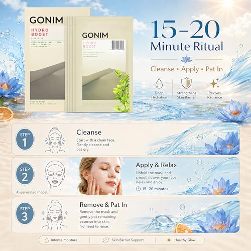 GONIM Hydrating Korean Face Mask Pack of 10 with Hyaluronic Acid & Vitamin C - Yellow